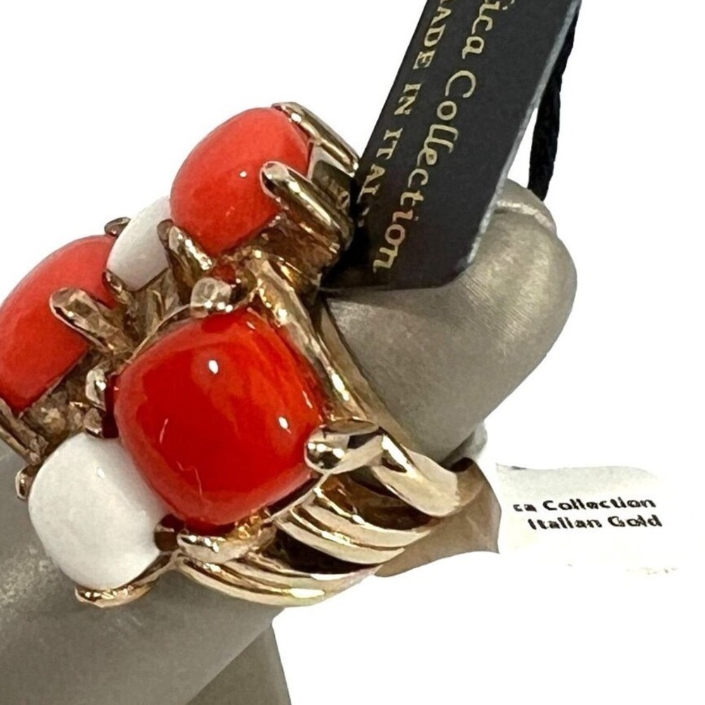 Ring 24k Italian Gold Red White Faux Coral Pearl Statement 7 New